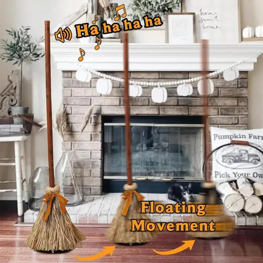 Halloween Electric Moving Witch Broom Prop Light Up Sound Animated Spooky Party Decoration Funny Haunted House Trick Toy Decor