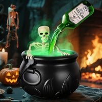 Cauldron Decor with Skeleton Magic Floating Potion Bottles Halloween Decorations Indoor Fog Maker Black Witches Cauldron Decor