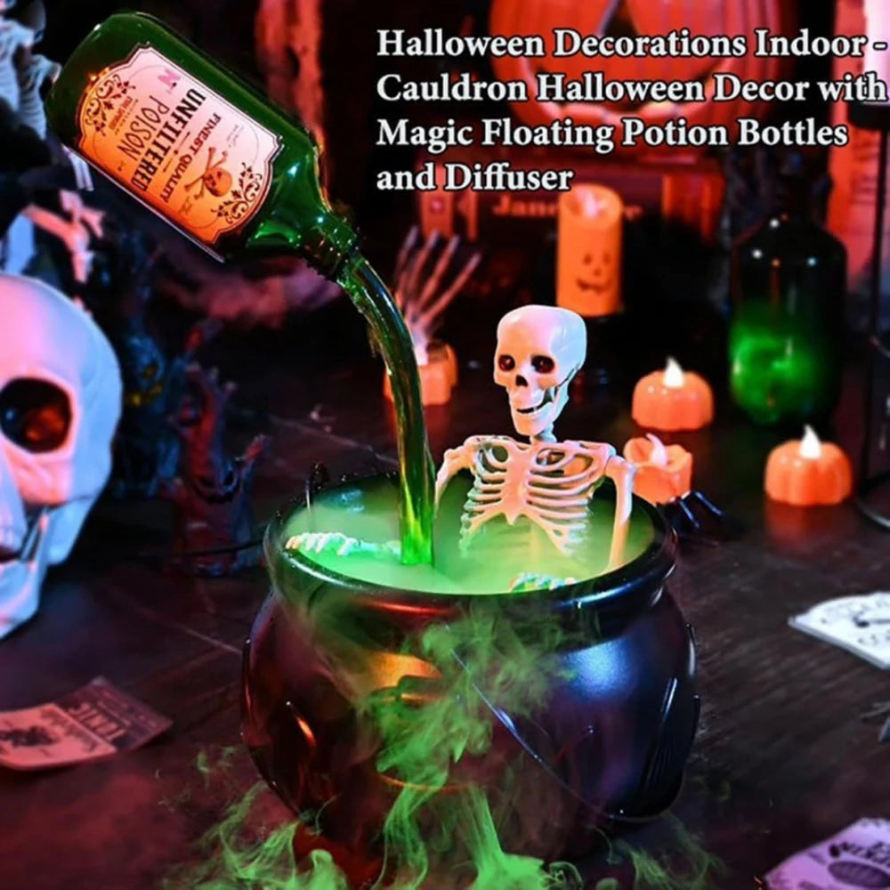 Cauldron Decor with Skeleton Magic Floating Potion Bottles Halloween Decorations Indoor Fog Maker Black Witches Cauldron Decor