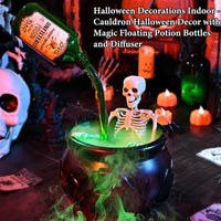 Cauldron Decor with Skeleton Magic Floating Potion Bottles Halloween Decorations Indoor Fog Maker Black Witches Cauldron Decor