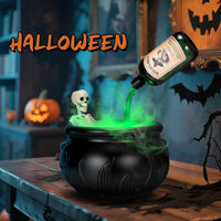 Cauldron Decor with Skeleton Magic Floating Potion Bottles Halloween Decorations Indoor Fog Maker Black Witches Cauldron Decor