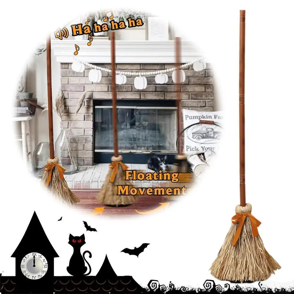 Halloween Electric Moving Witch Broom Prop Light Up Sound Animated Spooky Party Decoration Funny Haunted House Trick Toy Decor