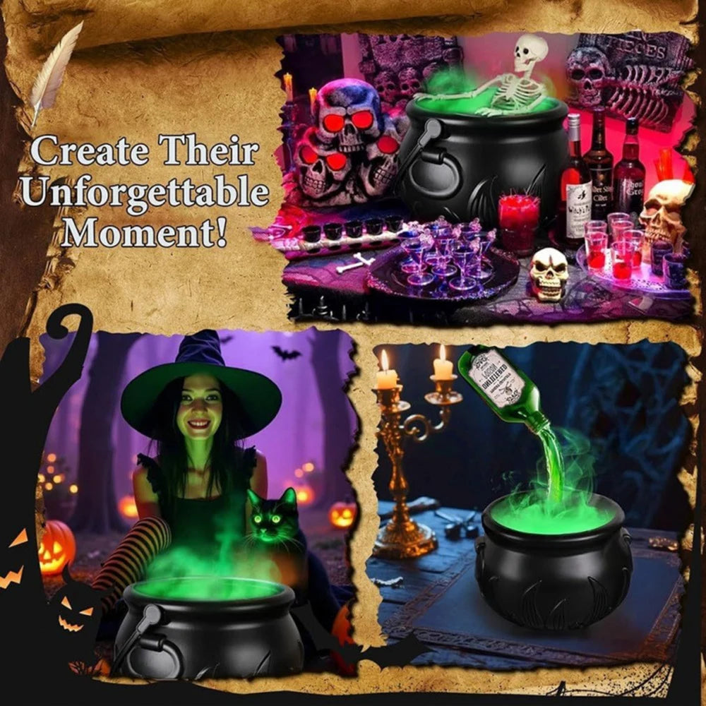 Cauldron Decor with Skeleton Magic Floating Potion Bottles Halloween Decorations Indoor Fog Maker Black Witches Cauldron Decor