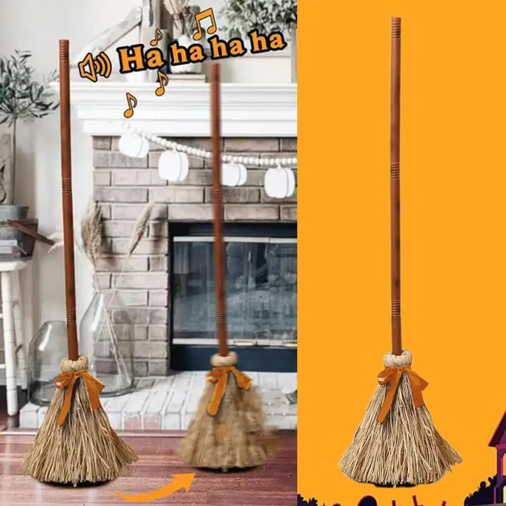 Halloween Electric Moving Witch Broom Prop Light Up Sound Animated Spooky Party Decoration Funny Haunted House Trick Toy Decor
