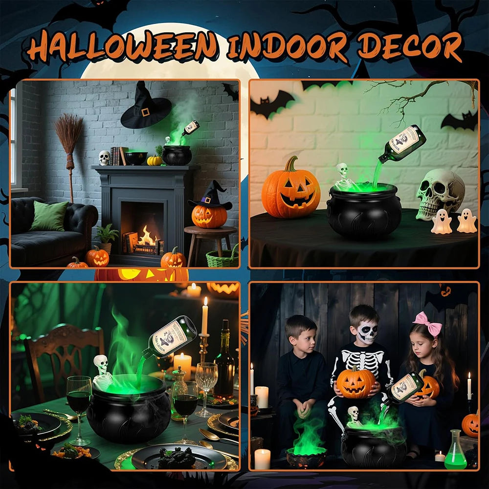 Cauldron Decor with Skeleton Magic Floating Potion Bottles Halloween Decorations Indoor Fog Maker Black Witches Cauldron Decor