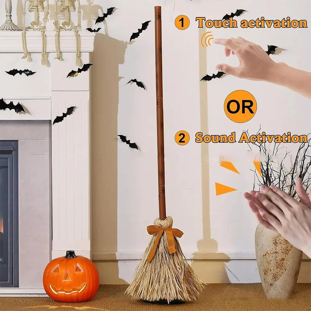 Halloween Electric Moving Witch Broom Prop Light Up Sound Animated Spooky Party Decoration Funny Haunted House Trick Toy Decor